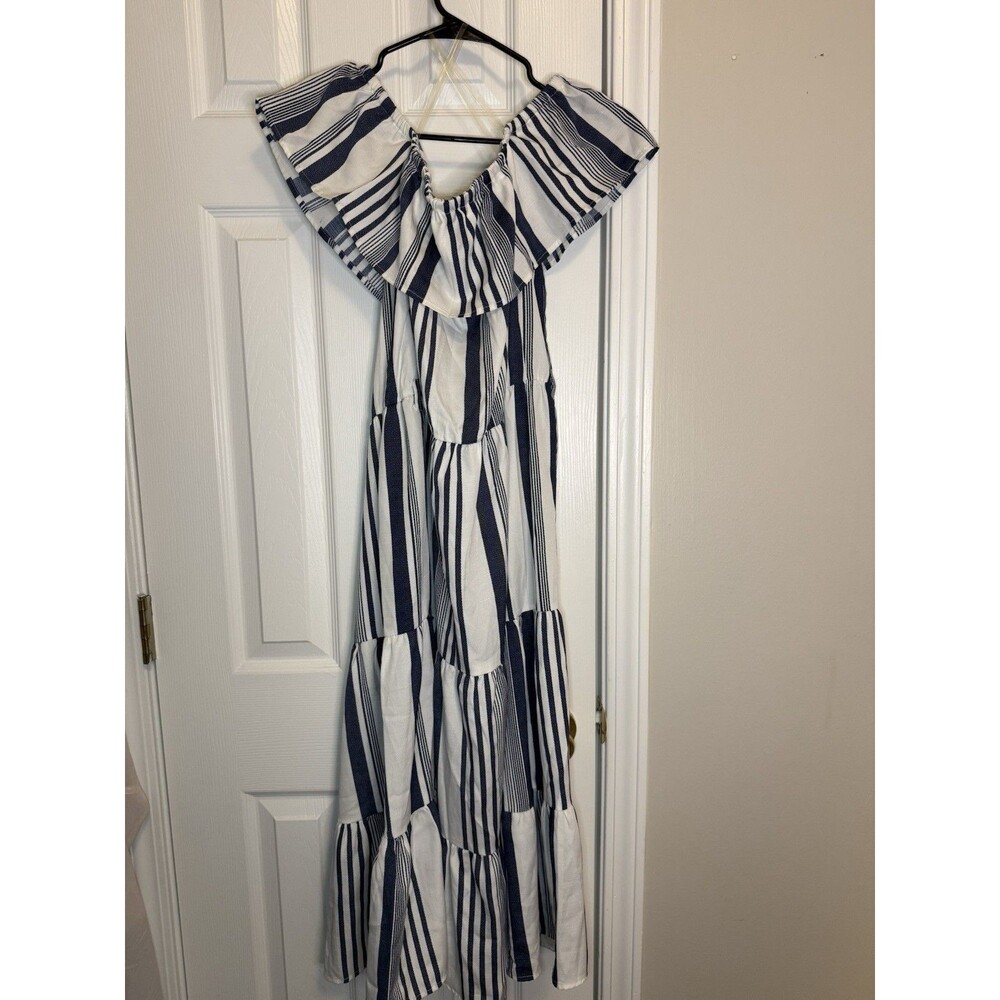 Stylehouse Cottagecore Blue White Striped Off Shoulder Maxi Dress XL Tiered New - Picture 4 of 16
